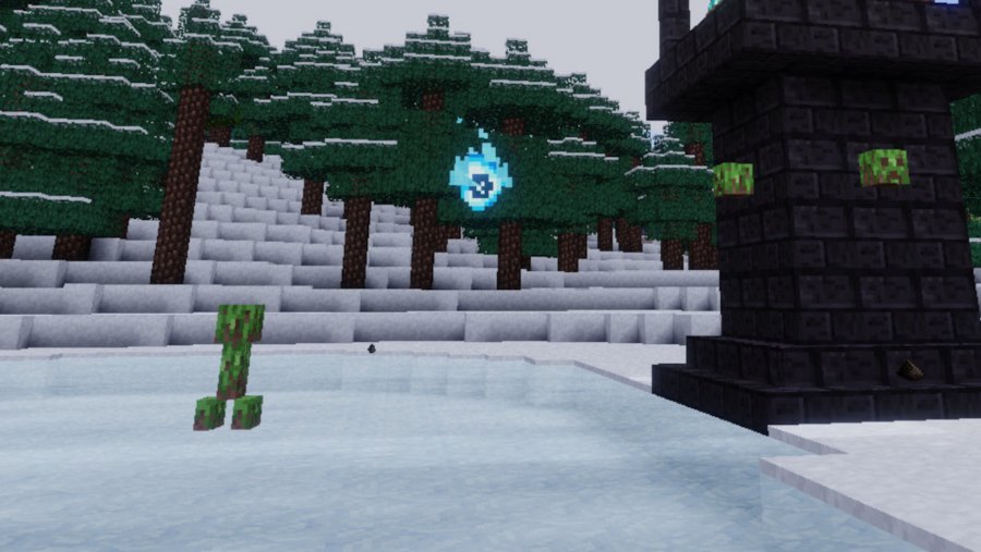 A glowing blue soul fireball flying over a frozen lake